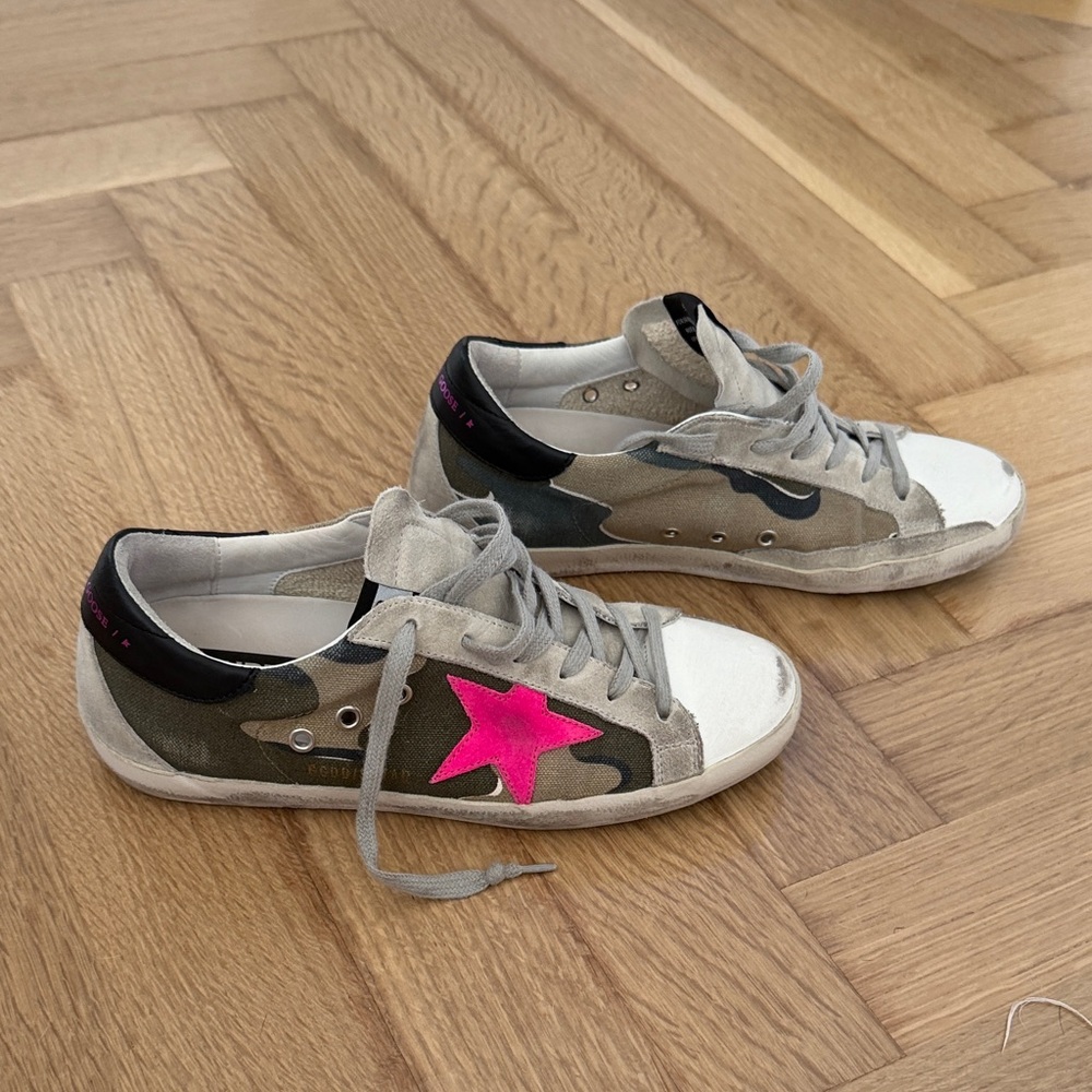 Golden Goose Camouflage Sneakers with Pink Star Accent